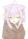  1girl abara_heiki ahoge animal_ear_fluff animal_ears black_hoodie cat_ears eyebrows_visible_through_hair highres hololive hood hood_down hoodie looking_at_viewer medium_hair nekomata_okayu purple_eyes purple_hair simple_background solo symbol-only_commentary tongue tongue_out upper_body virtual_youtuber white_background 