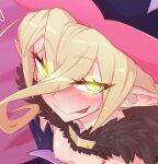  1girl blonde_hair blush breasts eyebrows_visible_through_hair glowing glowing_eyes green_eyes hair_between_eyes hat long_hair looking_at_viewer magilou_(tales) naughty_face pointy_ears small_breasts solo sweat tales_of_(series) tales_of_berseria tenk 