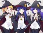  3girls bangs black_cape black_headwear black_legwear blonde_hair blue_hair blunt_bangs blush cape commentary_request eyebrows_visible_through_hair fang furude_rika grabbing hanyuu hat hazumi_otoya highres higurashi_no_naku_koro_ni horns houjou_satoko long_hair long_sleeves looking_at_viewer multiple_girls open_mouth pantyhose purple_eyes purple_hair shirt short_hair simple_background skin_fang smile sweatdrop white_shirt witch_hat 