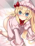  1girl :&lt; all_fours artist_name ass bangs barefoot blonde_hair blue_eyes blush bottomless bow bowtie closed_mouth commentary_request dress eyebrows_visible_through_hair fairy_wings foot_out_of_frame hair_between_eyes hat hat_bow lily_white long_hair looking_at_viewer nose_blush one-hour_drawing_challenge onomiya red_bow red_bowtie solo touhou white_dress white_headwear wings 