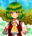  1girl ahoge ascot blue_background buttons collared_shirt dress_shirt eyebrows_visible_through_hair green_background green_hair holding holding_umbrella kazami_yuuka long_sleeves looking_at_viewer multicolored_background open_mouth orange_eyes outstretched_arm outstretched_hand qqqrinkappp red_vest shikishi shirt short_hair solo touhou traditional_media umbrella upper_body vest white_shirt yellow_ascot 