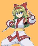  1girl ainu_clothes blue_eyes bow cosplay fingerless_gloves gloves green_hair hair_bow hairband knife long_hair muu_(mumumer) nakoruru open_mouth original red_bow samurai_spirits simple_background solo weapon 