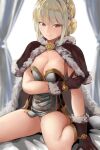  1girl absurdres arm_under_breasts bangs blonde_hair blurry blurry_background boots breasts brooch brown_cape brown_dress brown_footwear brown_gloves cape cleavage closed_mouth commentary curtains double_bun dress eyebrows_visible_through_hair full_body fur-trimmed_cape fur-trimmed_gloves fur_trim gloves high_wizard_(ragnarok_online) highres jewelry kathryne_keyron layered_dress looking_at_viewer medium_breasts orange_eyes panties pantyshot ragnarok_online sail_(sail-away) short_dress short_hair sitting smile solo strapless strapless_dress two-tone_dress two-tone_footwear underwear wariza white_dress white_footwear white_panties 