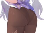  1girl ass ass_focus brown_legwear close-up commentary from_behind genshin_impact keqing_(genshin_impact) kuavera long_hair panties panties_under_pantyhose pantyhose pantylines simple_background solo thick_thighs thighs underwear unfinished white_background 