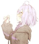  1girl abara_heiki ahoge animal_ear_fluff animal_ears black_hoodie cat_ears commentary drawstring from_side hand_up hololive hood hood_down hoodie long_sleeves medium_hair nekomata_okayu parted_lips profile purple_eyes purple_hair simple_background sleeves_past_wrists solo symbol-only_commentary upper_body virtual_youtuber white_background 