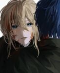  1boy 1girl blonde_hair blood blood_in_hair blood_on_clothes blood_on_face blue_eyes blue_hair crying crying_with_eyes_open eyebrows_visible_through_hair eyelashes gilbert_bougainvillea hair_between_eyes highres hug long_hair long_toes noroma02 parted_lips solo_focus tears upper_body violet_evergarden violet_evergarden_(series) 