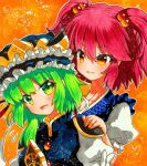  2girls :d blue_headwear collarbone eyebrows_visible_through_hair flying_sweatdrops frilled_hat frills green_eyes green_hair hair_between_eyes hair_bobbles hair_ornament hand_on_another&#039;s_shoulder hat juliet_sleeves long_sleeves medium_hair multiple_girls onozuka_komachi open_mouth orange_eyes puffy_short_sleeves puffy_sleeves qqqrinkappp red_hair rod_of_remorse shadow shiki_eiki shikishi shirt short_sleeves smile touhou traditional_media upper_body white_shirt 
