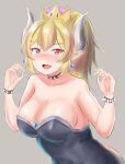  1girl absurdres armlet bare_shoulders blonde_hair bowsette bracelet breasts cleavage collar crown dress earrings highres horns jewelry long_hair looking_at_viewer mario_(series) new_super_mario_bros._u_deluxe open_mouth pointy_ears ponytail rama_(yu-light8) simple_background smile solo spiked_bracelet spiked_collar spikes super_crown 
