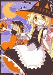  2girls alternate_color apron asameshi ascot bangs bat black_headwear black_shirt black_skirt black_vest blonde_hair blush_stickers bow candy candy_cane cowboy_shot crescent_moon crystal flandre_scarlet food grin hair_bow halloween halloween_bucket hat heart highres holding incoming_food jack-o&#039;-lantern_print kirisame_marisa lollipop long_hair long_sleeves looking_at_viewer medium_hair moon multiple_girls neck_ribbon open_mouth orange_skirt orange_vest purple_ascot purple_background purple_bow purple_ribbon ribbon shirt short_sleeves skirt smile swirl_lollipop touhou vest waist_apron white_shirt wide_sleeves wings witch_hat yellow_eyes 