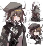  1girl ahoge arknights beret black_headwear blush brown_hair cloak commentary eyebrows_visible_through_hair feather_hair hair_between_eyes hat highres infection_monitor_(arknights) mirror multiple_views na_tarapisu153 orange_eyes plume_(arknights) smile translated upper_body white_hair 