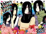  4boys :o bangs black_hair border boruto:_naruto_next_generations child closed_mouth earrings facepaint flower forehead_protector gift grin happy_birthday japanese_clothes jewelry kimono long_hair long_sleeves male_focus multiple_boys multiple_persona naruto naruto_(series) naruto_shippuuden ninja older open_mouth orochimaru_(naruto) pale_skin pink_flower pink_rose rose smile teeth time_paradox vest yazakc yellow_eyes younger 