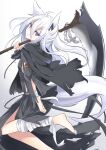  1girl animal_ears bandaged_arm bandaged_leg bandages bare_legs black_robe chain fox_ears fox_girl fox_tail highres hood hood_down hooded_robe long_hair original parted_lips purple_eyes robe sash scythe tail torn_clothes white_hair yukishiro_haku 