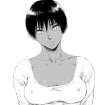  1girl berserk breasts casca_(berserk) closed_mouth commentary covered_nipples dark-skinned_female dark_skin greyscale head_tilt large_breasts looking_at_viewer monochrome shirt short_hair shu-mai simple_background solo upper_body white_background 