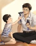  2boys belt brown_eyes commentary eva_01 eva_13 evangelion:_3.0+1.0_thrice_upon_a_time father_and_son glasses highres holding holding_toy ikari_gendou ikari_shinji multiple_boys neon_genesis_evangelion open_mouth pants rebuild_of_evangelion rott_ur shirt shorts smile socks striped striped_shirt toy white_shirt 