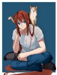  1girl aozaki_aoko blue_eyes cat closed_mouth crossed_legs highres long_hair looking_at_viewer open_mouth pikaremon red_eyes red_hair simple_background smile tsukihime very_long_hair 