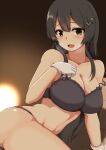  1girl alumina1863 bare_shoulders black_bra black_hair black_panties blush bra breasts cleavage commentary_request eyebrows_visible_through_hair gloves green_eyes hair_ornament hairclip kantai_collection large_breasts light long_hair on_bed open_mouth oyashio_(kancolle) panties solo steam underwear white_gloves 