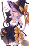  1girl :q animal_ear_fluff animal_ears bangs bare_shoulders black_cat black_dress black_headwear blush bow breasts broom cat cat_ears cat_girl cat_tail commentary dress eyebrows_visible_through_hair hair_between_eyes hand_on_own_cheek hand_on_own_face hat hat_bow highres hololive long_sleeves medium_breasts nail_polish nekomata_okayu orange_bow purple_eyes purple_hair purple_nails shirt simple_background solo sorashima_(117) symbol-only_commentary tail tail_raised thighhighs tongue tongue_out trick_or_treat virtual_youtuber white_background white_shirt witch_hat 
