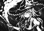  1girl black_background braid chain closed_mouth eyebrows_visible_through_hair frilled_hat frills greyscale hat holding kirisame_marisa long_hair looking_at_viewer mini-hakkero monochrome neck_ribbon puffy_short_sleeves puffy_sleeves qqqrinkappp ribbon short_sleeves single_braid smile solo touhou traditional_media upper_body witch_hat 