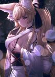  1girl absurdres animal_ear_fluff animal_ears bangs bare_shoulders black_bow black_choker blonde_hair blurry bow braid breasts choker deep_skin depth_of_field erune eyebrows_visible_through_hair fox_ears french_braid granblue_fantasy hair_bow highres ibuki_notsu large_breasts long_hair looking_at_viewer night night_sky purple_eyes sideboob sky smile solo star_(sky) starry_sky yuisis_(granblue_fantasy) 