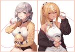  2girls absurdres bangs black_choker black_shorts blonde_hair blue_ribbon blush braid breasts brown_cardigan cardigan character_doll choker cleavage commentary_request cup doll eyebrows_visible_through_hair eyes_visible_through_hair green_eyes hair_between_eyes hair_ribbon halterneck highres holding holding_cup holding_doll hololive large_breasts long_hair long_sleeves looking_at_another multicolored_hair multiple_girls one_side_up parted_lips pointy_ears ponytail red_eyes ribbon shiranui_flare shirogane_noel shirt short_hair shorts sideways_glance silver_hair sleeveless sleeveless_shirt streaked_hair string string_of_fate string_phone tang-du virtual_youtuber white_background white_hair white_shirt yellow_cardigan 