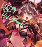  1girl bikini black_bikini black_gloves breasts brown_eyes brown_hair claw_pose elbow_gloves gloves hair_between_eyes hairband happy_halloween haruna_(kancolle) head_wings highres horns kantai_collection kyougoku_touya long_hair looking_at_viewer medium_breasts navel open_mouth solo swimsuit wings 