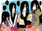  4boys :o bangs black_hair blue_background blush border boruto:_naruto_next_generations child closed_eyes closed_mouth earrings facepaint flower forehead_protector gift grin japanese_clothes jewelry kimono long_hair long_sleeves male_focus multiple_boys multiple_persona naruto naruto_(series) naruto_shippuuden ninja older open_mouth orochimaru_(naruto) pale_skin pink_flower pink_rose rose smile speech_bubble teeth time_paradox vest yazakc yellow_eyes younger 