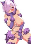  1girl absurdres animal_ears bangs bare_shoulders bow breasts elbow_gloves fate/grand_order fate_(series) fur-trimmed_gloves fur-trimmed_legwear fur_collar fur_trim gloves hair_over_one_eye highres hiku_hiku lace-trimmed_legwear lace_trim large_breasts light_purple_hair looking_at_viewer mash_kyrielight mash_kyrielight_(dangerous_beast) navel nipples o-ring open_mouth purple_eyes purple_gloves purple_legwear purple_tail revealing_clothes short_hair solo sweat tail wolf_ears wolf_tail 