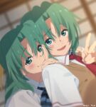  2girls :d anime_coloring aru_aru bangs blurry blurry_background blush closed_mouth collared_shirt dated eyebrows_visible_through_hair green_eyes green_hair hand_on_another&#039;s_shoulder highres higurashi_no_naku_koro_ni indoors long_hair looking_at_viewer multiple_girls necktie open_mouth red_necktie school_uniform shirt siblings sisters smile sonozaki_mion sonozaki_shion st._lucia_academy_school_uniform striped_necktie twins v white_shirt 