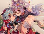  2girls ahoge animal_hands artist_name bell black_bow blue_hair blush bow brown_background candy cape carrying collar commentary english_commentary falling_leaves flower food food_in_mouth ganyu_(genshin_impact) genshin_impact glasses gloves hair_bow hair_flower hair_ornament keqing_(genshin_impact) kneehighs leaf lollipop long_hair looking_at_viewer mokkun354 multiple_girls neck_bell parted_lips paw_gloves princess_carry purple_eyes purple_hair red_cape semi-rimless_eyewear sweatdrop under-rim_eyewear white_flower white_legwear yuri 