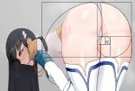  1girl ass bent_over black_hair blue_eyes blush boots breasts commentary_request fibonacci_sequence from_behind glaring golden_spiral handplug high_heels junketsu kill_la_kill kiryuuin_satsuki large_breasts leotard long_hair looking_at_viewer looking_back parted_lips shiny shiny_hair shiny_skin solo standing sweat teeth thick_eyebrows thigh_boots thighhighs thighs white_legwear white_leotard 