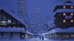  2others boots building cityscape coat commentary_request dog fog garage highres house motor_vehicle multiple_others night night_sky office original outdoors partial_commentary road scenery shop signature sky snow snowing spotlight tateyuki traffic_light truck utility_pole winter 