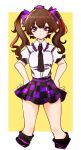  1girl :| black_legwear black_necktie border breasts brown_hair buttons checkered checkered_skirt closed_mouth collared_shirt commentary_request cropped_legs expressionless eyebrows_visible_through_hair frilled_shirt_collar frills gaogaowaan hair_ribbon hands_on_hips hat highres himekaidou_hatate kneehighs long_hair looking_at_viewer medium_breasts miniskirt necktie puffy_short_sleeves puffy_sleeves purple_eyes purple_ribbon purple_skirt ribbon shiny shiny_hair shirt short_sleeves simple_background skirt solo standing thighs tokin_hat touhou two_side_up upper_body white_shirt yellow_background 