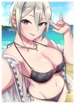  1girl :p \m/ beach bikini black_bikini bracelet breasts cleavage commentary_request earrings fabric highres idolmaster idolmaster_cinderella_girls idolmaster_cinderella_girls_starlight_stage ishii_takuma jewelry large_breasts midriff navel necklace o-ring o-ring_bikini ocean selfie shiomi_syuko short_hair side-tie_bikini sidelocks silver_hair solo swimsuit tongue tongue_out 