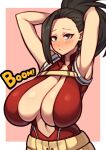  1girl absurdres armpits arms_behind_head arms_up black_hair blush bodysuit boku_no_hero_academia breasts center_opening cleavage closed_mouth coffeelove68 cowboy_shot hair_pulled_back highres huge_breasts looking_at_viewer midriff pink_background ponytail red_bodysuit solo standing superhero two-tone_background upper_body white_background yaoyorozu_momo 