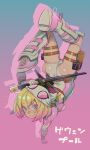 1girl ass belt blonde_hair blue_eyes breasts closed_mouth collagen commentary_request gwen_poole gwenpool highres holding leotard looking_at_viewer marvel mask multicolored_hair pink_hair pink_leotard short_hair simple_background smile solo superhero sword two-tone_hair weapon 