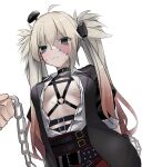  1girl 1other absurdres ahoge aqua_eyes arms_behind_back bdsm belt black_jacket blush bolt bondage bound breasts chain chained_wrists choker cleavage commentary_request eyes_visible_through_hair girls&#039;_frontline grey_hair hair_between_eyes highres holding holding_chain jacket long_hair looking_at_viewer lwmmg_(girls&#039;_frontline) lwmmg_(patchworker&#039;s_soliloquy)_(girls&#039;_frontline) multicolored_hair multiple_belts nervous no_bra official_alternate_costume open_clothes open_jacket open_shirt patchwork_skin pink_hair shirt small_breasts stitched_face sweat twintails upper_body viewer_holding_leash white_shirt yanagui 