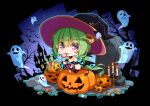  1girl absurdres bangs candle chibi eyebrows_visible_through_hair ghost green_hair hat hatachi highres horns jack-o&#039;-lantern leotard long_hair looking_at_viewer original purple_eyes solo strapless strapless_leotard striped striped_legwear thighhighs tombstone witch_hat wrist_cuffs 
