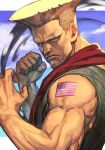  1boy american_flag_tattoo biceps blonde_hair blue_background brown_eyes clenched_hand closed_mouth fighting_stance frown green_vest guile hungry_clicker looking_at_viewer male_focus muscular muscular_male no_eyebrows red_scarf sanpaku scarf solo street_fighter upper_body vest 