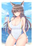  1girl absurdres animal_ear_fluff animal_ears arm_at_side ass_visible_through_thighs atago_(azur_lane) azur_lane beach blue_sky bottle breasts brown_hair cleavage competition_swimsuit day highres large_breasts long_hair one-piece_swimsuit outdoors plump sky solo standing swimsuit thighs tong_shui water water_bottle white_swimsuit 