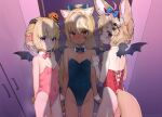  3girls ahoge animal_ear_fluff animal_ears ass ass_visible_through_thighs back bangs bare_legs bare_shoulders bat_wings blonde_hair blue_bow blue_leotard blush bow bowtie braid breasts cleavage clothing_cutout commentary_request covered_navel dark-skinned_female dark_skin detached_collar elf eyebrows_visible_through_hair facial_tattoo female_pov fox_ears fox_girl fox_tail hair_between_eyes hair_bow hair_ornament hairclip halloween high_ponytail highres hololive horns jack-o&#039;-lantern jack-o&#039;-lantern_hair_ornament leotard long_hair looking_at_viewer looking_back multicolored_hair multiple_girls omaru_polka oshiruko_(oshiruco_212048) pink_bow pink_hair pink_leotard playboy_bunny_leotard pointy_ears ponytail pov purple_eyes red_bow red_leotard shadow sheep_ears sheep_girl sheep_horns shirakami_fubuki shiranui_flare short_hair side_braid small_breasts standing strapless strapless_leotard streaked_hair sweat symbol-shaped_pupils tail tail_cutout tattoo tsunomaki_watame virtual_youtuber wings younger 