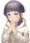  1girl bangs black_hair blush drawstring highres hood hood_down hoodie hyuuga_hinata naruto naruto_(series) parted_lips purple_eyes ryota_(ry_o_ta) shadow short_hair signature simple_background solo white_background white_hoodie 