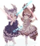  2girls beat_saber brown_hair commentary_request eurasian_eagle_owl_(kemono_friends) eyebrows_visible_through_hair glowstick gradient_hair grey_hair highres kemono_friends kolshica looking_at_viewer multicolored_hair multiple_girls northern_white-faced_owl_(kemono_friends) pantyhose parted_lips puffy_short_sleeves puffy_sleeves short_hair short_sleeves tadano_magu white_hair white_legwear 
