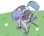  1girl black_footwear braid chair flower folding_chair full_body highres leaning_forward lyrinne neon_genesis_evangelion nijisanji nijisanji_en pants parody peppa_pig_(series) purple_hair purple_pants scene_reference selen_tatsuki shoes sitting sketch sneakers solo twin_braids untied_footwear virtual_youtuber white_flower 