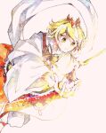  1girl bangs blonde_hair closed_mouth dress eyebrows_visible_through_hair flying hair_between_eyes hand_up hat highres itomugi-kun light long_sleeves looking_down orange_dress pants red_dress short_hair simple_background solo toramaru_shou touhou treasure white_background white_pants white_sleeves wide_sleeves yellow_eyes 