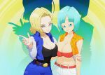  2girls android_18 black_tank_top blonde_hair blue_eyes blush breasts bulma cleavage closed_mouth collarbone commentary dragon_ball dragon_ball_z eyebrows_visible_through_hair green_hair hand_on_another&#039;s_arm hand_on_another&#039;s_hip highres large_breasts ledy looking_at_viewer midriff multiple_girls navel red_tube_top shiny shiny_hair sleeveless strapless tank_top tube_top 