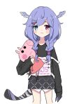  1girl absurdres black_sweater blush braid collarbone dragon_tail fang head_wings heterochromia highres holding holding_stuffed_toy looking_at_viewer lyrinne medium_hair nijisanji nijisanji_en peppa_pig peppa_pig_(series) selen_tatsuki skin_fang solo stuffed_animal stuffed_pig stuffed_toy sweater tail twin_braids virtual_youtuber white_background younger 