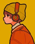  1girl absurdres bangs beanie brown_hair eyebrows_visible_through_hair halftone hat headphones highres original profile red_sweater short_hair simple_background solo sweater upper_body yellow_background yellow_headwear yoshi_mi_yoshi 