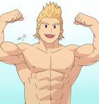  1boy :d ajb11 bara biceps blonde_hair blue_eyes boku_no_hero_academia flexing highres looking_at_viewer male_focus muscular muscular_male nipples nude open_mouth pectorals pose short_hair smile solo spiked_hair togata_mirio upper_body 