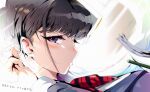  1girl aloe_(kenkou3733) bangs black_hair blazer bow bowtie close-up copyright_name hand_up highres jacket komi-san_wa_komyushou_desu komi_shouko long_hair long_sleeves looking_at_viewer parted_lips pencil purple_eyes school_uniform solo striped striped_bow striped_bowtie translated uniform 