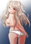  1girl breasts brown_eyes butt_crack commentary_request conte_di_cavour_(kancolle) cowboy_shot from_behind fuji_(pixiv24804665) highres kantai_collection large_breasts long_hair looking_back open_mouth panties panty_pull round_teeth silver_hair solo teeth topless two_side_up underwear upper_teeth white_panties 